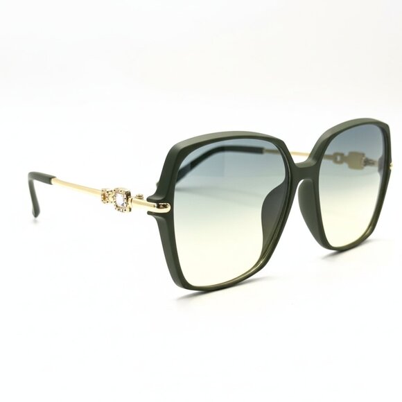 NEW Diamond Block Oversized Glam Designer Style Sunglasses - Green and Gold - Picture 2 of 5